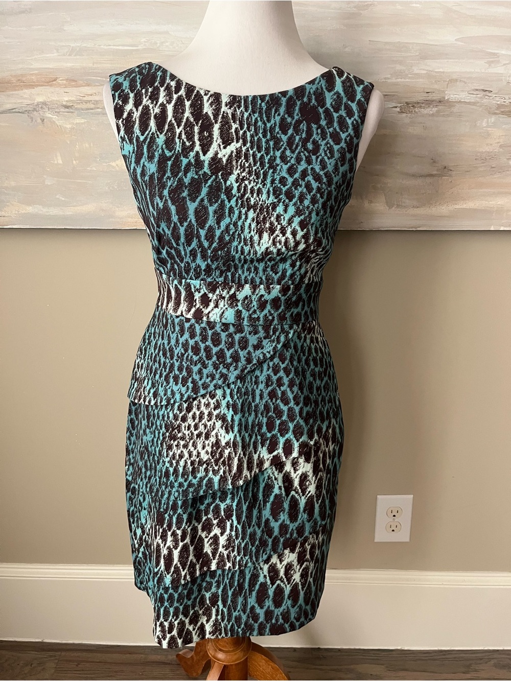 Dress Barn teal and brown print dress with tiered skirt